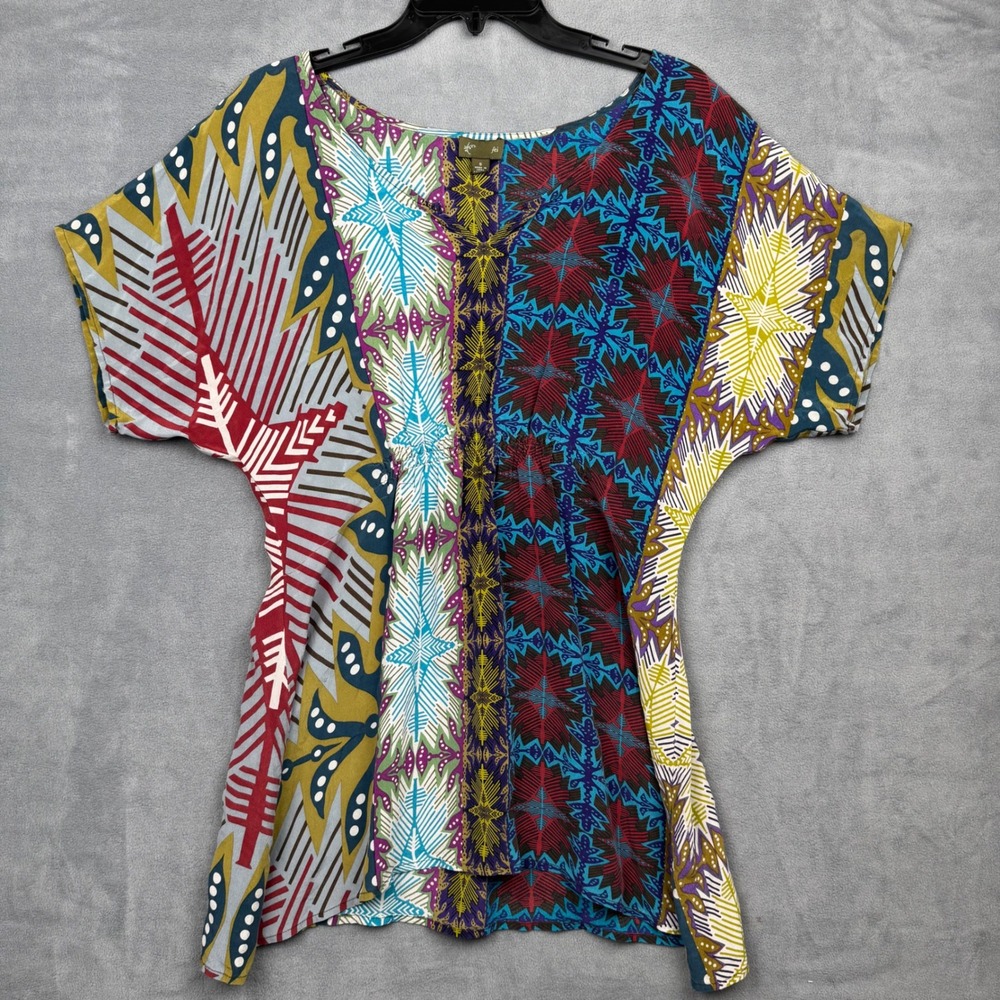 Fei Silk Patchwork Kaftan Top Butterfly Sleeve V‎ Neck Women Size S